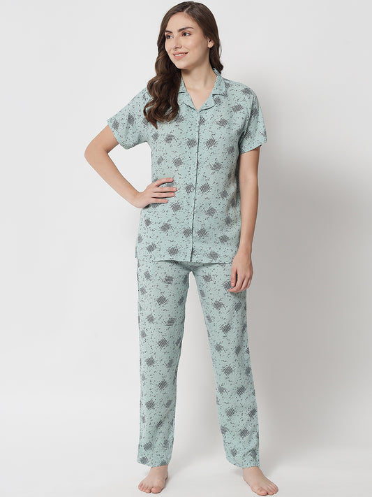 Printed Rayon Green Nightsuit For Women With Pockets in Pyjamas N74Gs0