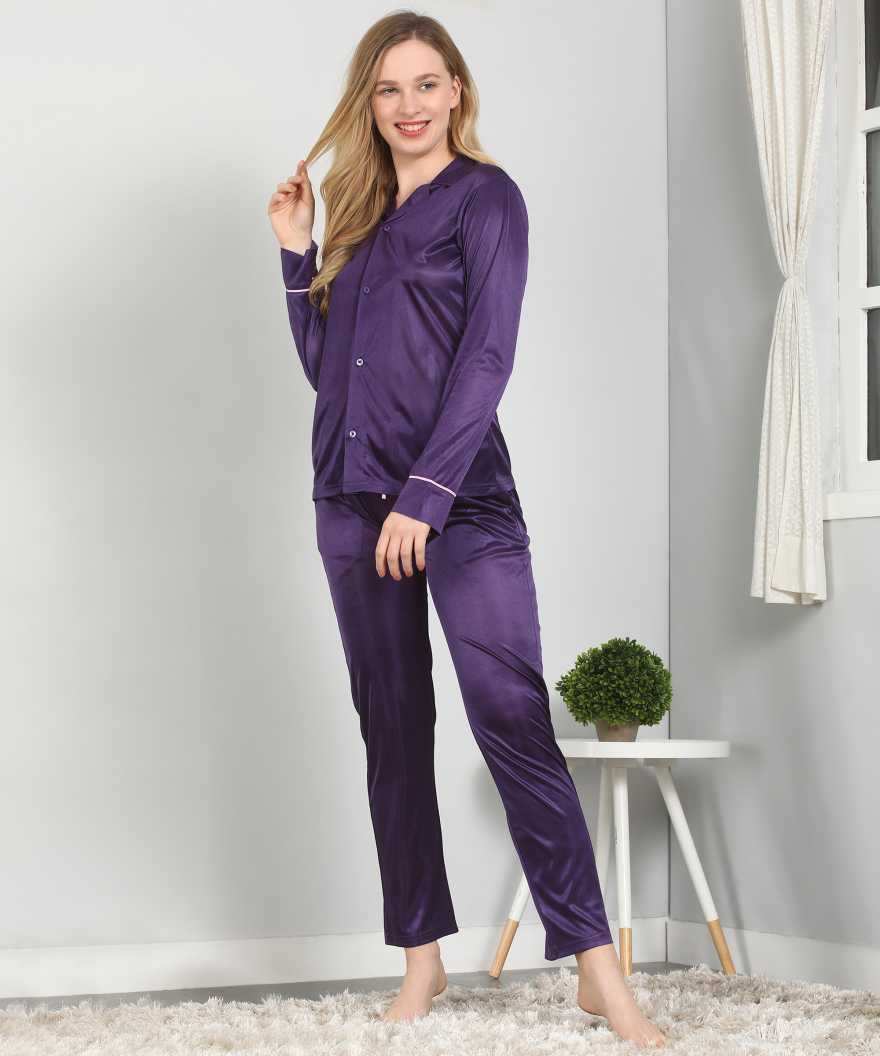 Klamotten Women's Solid Satin Button Up Top & Pyjama Nightsuit DB57J