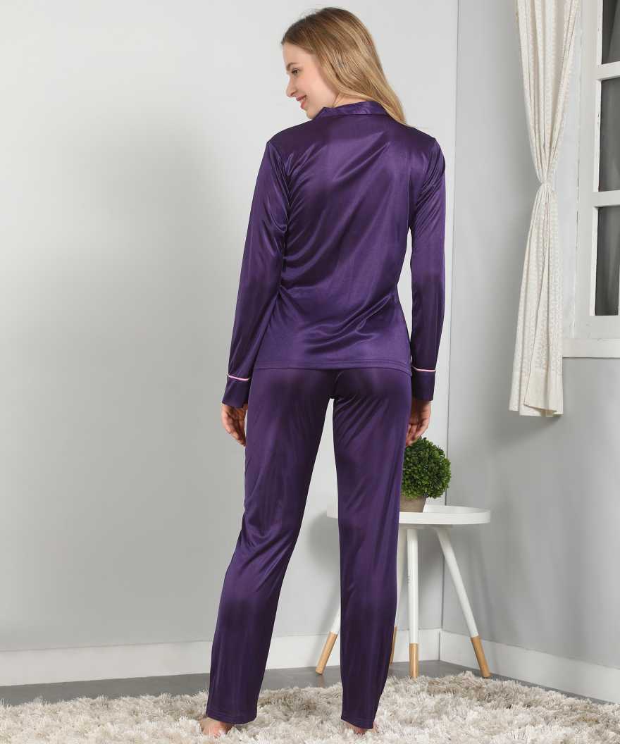 Klamotten Women's Solid Satin Button Up Top & Pyjama Nightsuit DB57J