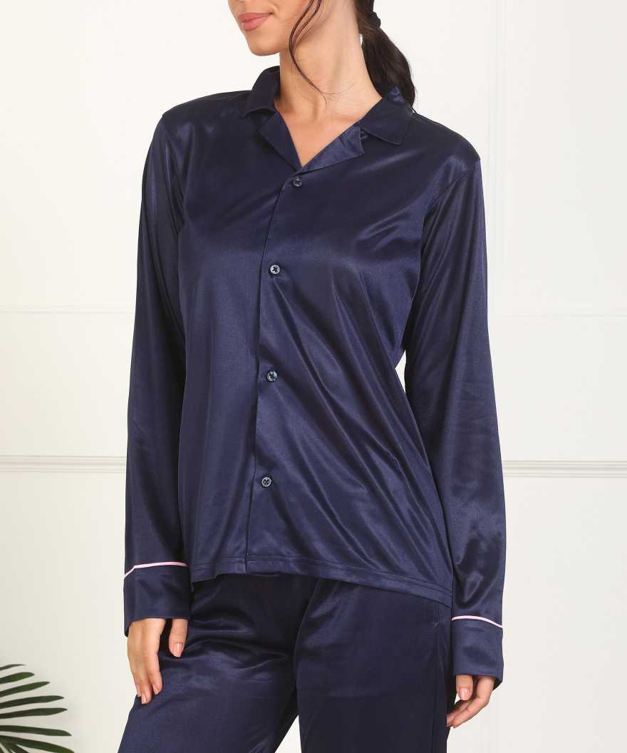 Klamotten Women's Solid Satin Button Up Top & Pyjama Nightsuit DB57N